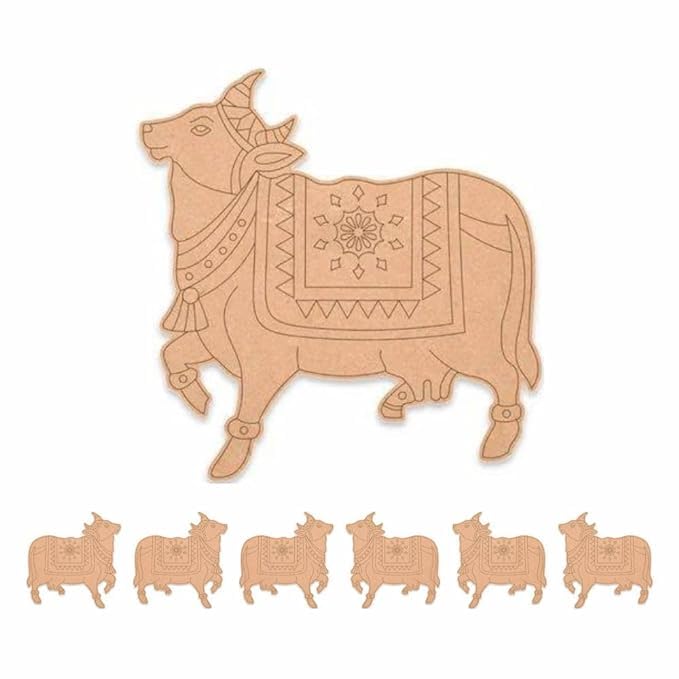 Wooden Pre Engraved Pichwai Cow Pine MDF Cutout Base for DIY Craft || Diwali Rangoli | Pooja | Festival Gift | Wedding Decorations (10 cm x 9 cm) (3 Pairs, 6 Pieces)