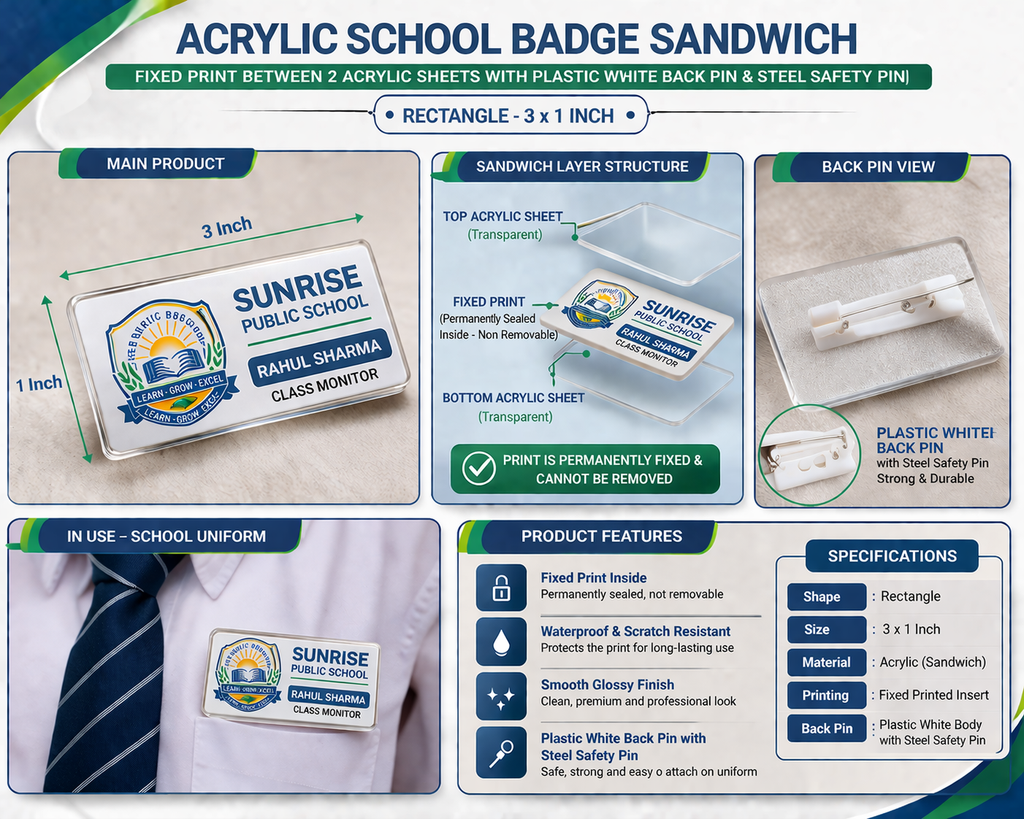 Acrylic School Badge Sandwich | Fixed Printed Design with Back Pin | Custom Name Logo