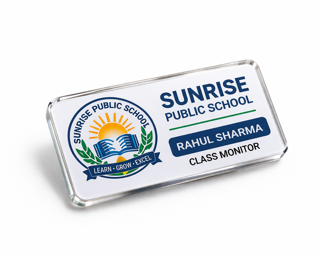 Acrylic School Badge Sandwich | Fixed Printed Design with Back Pin | Custom Name Logo