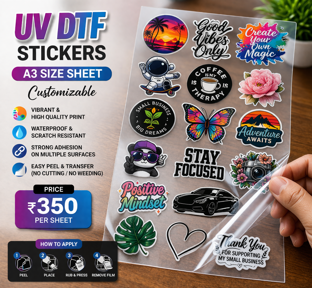UV DTF Stickers A3 Sheet | Custom Waterproof Transfer Stickers